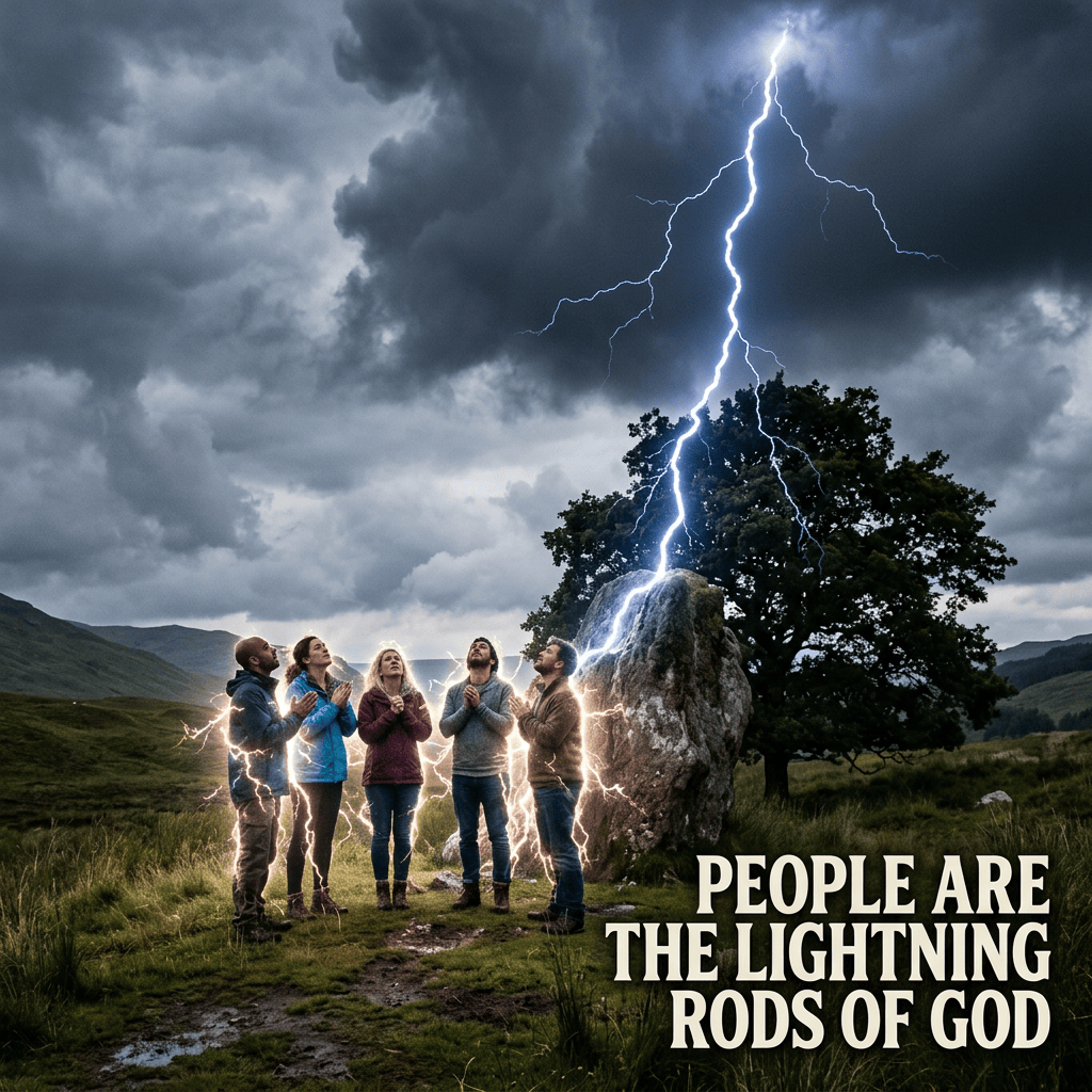 Four people under lightning beside a boulder; “PEOPLE ARE THE LIGHTNING RODS OF GOD”