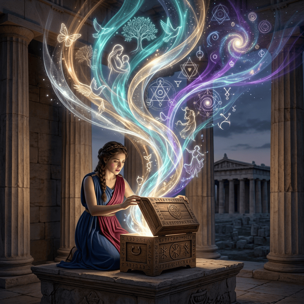 Woman in classical dress opening a glowing book among ancient columns