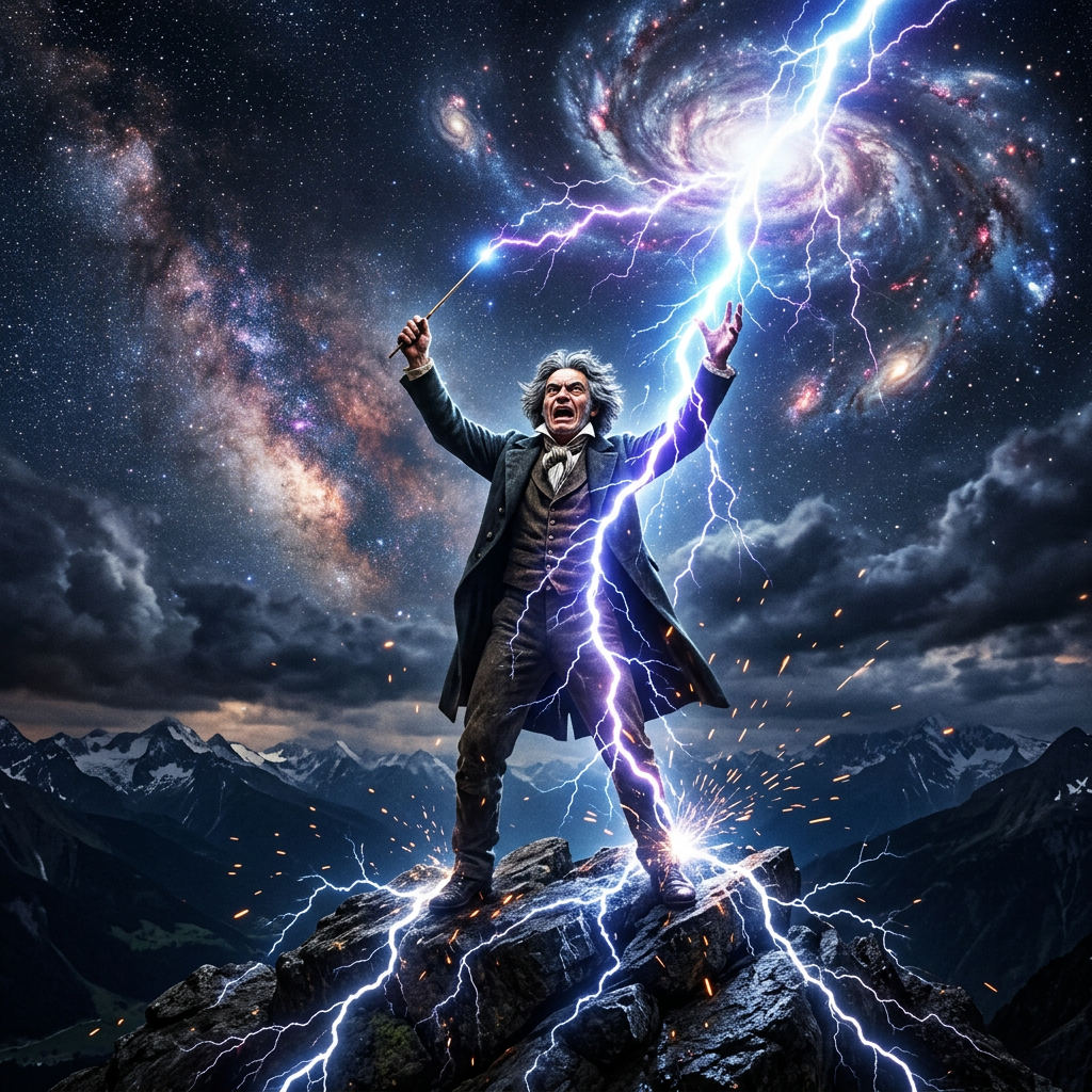 Conductor on a mountain raising a baton as lightning strikes beneath galaxies