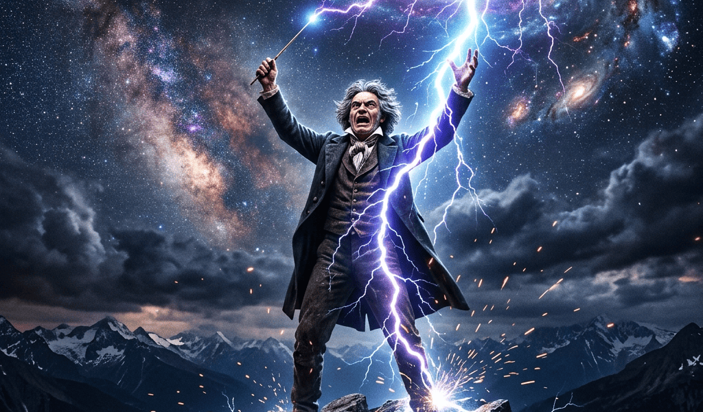 Conductor on a mountain raising a baton as lightning strikes beneath galaxies