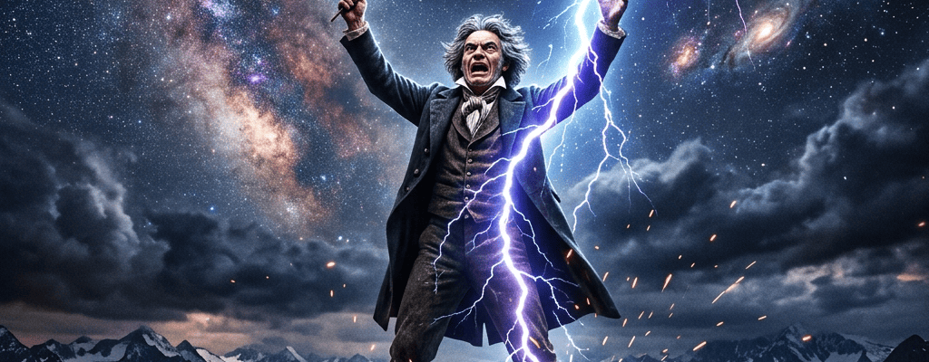Conductor on a mountain raising a baton as lightning strikes beneath galaxies