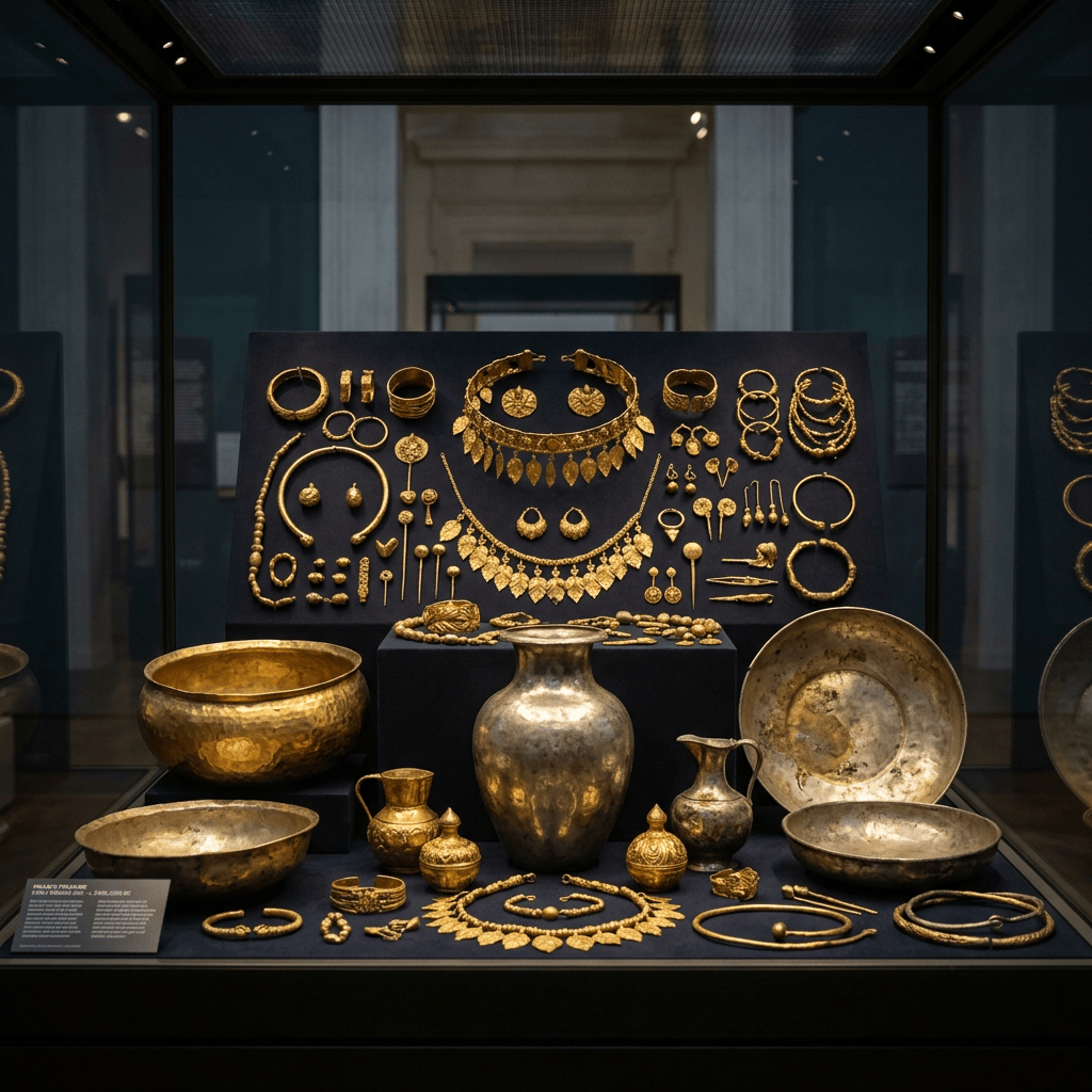 Ancient gold jewelry, ornaments, and vessels arranged in a museum display case