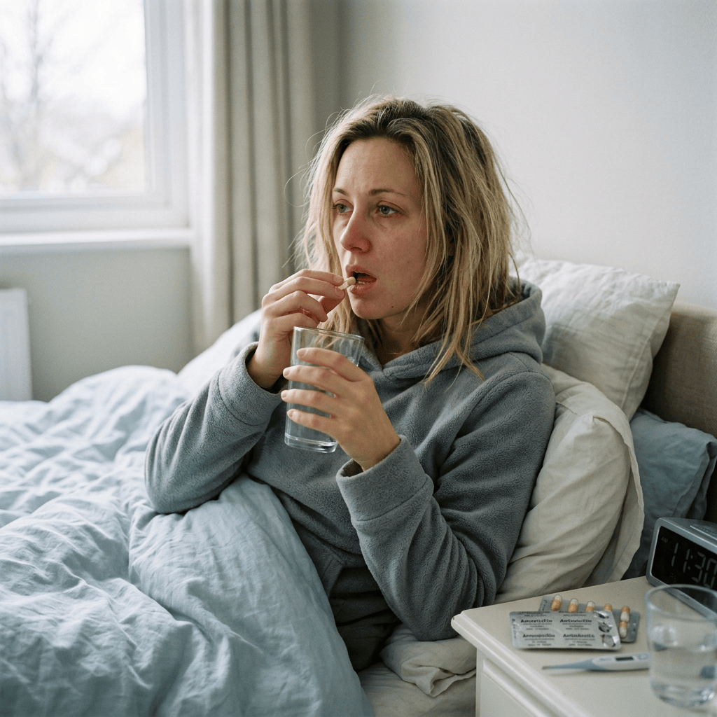 Woman in bed taking a pill with water beside medication and an alarm clock