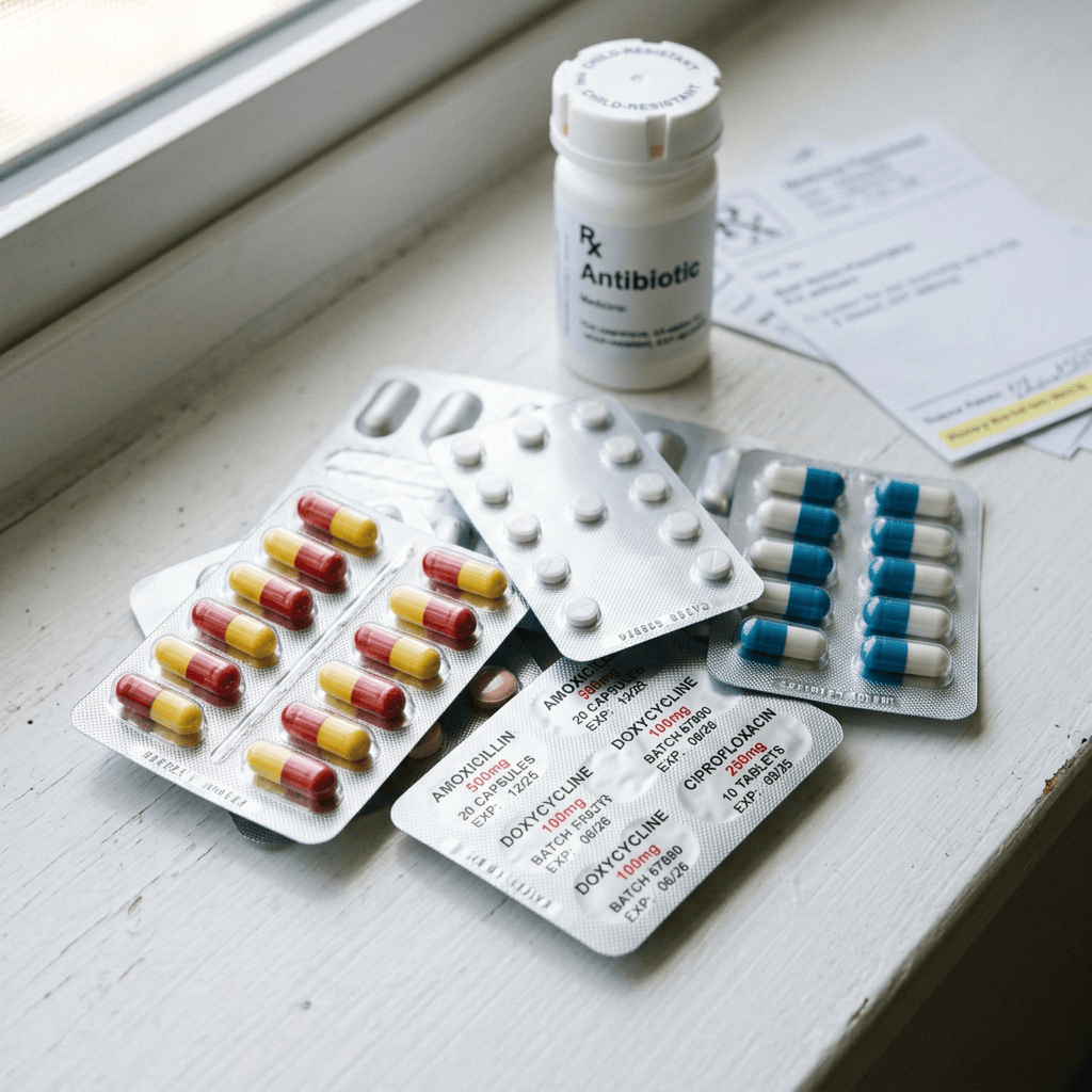 Antibiotic bottle, prescription papers, and assorted medication blister packs