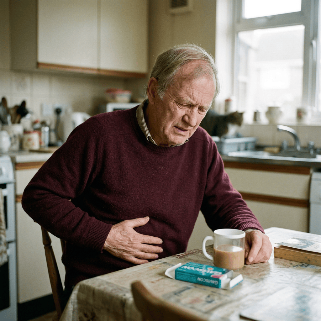 Older man clutching his stomach while seated at a kitchen table