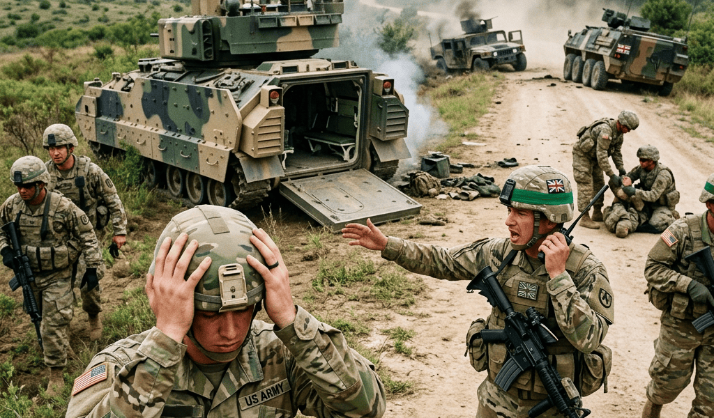 US Army soldiers beside armored vehicles on a dusty road