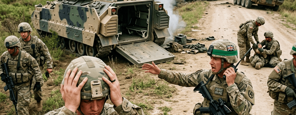 US Army soldiers beside armored vehicles on a dusty road