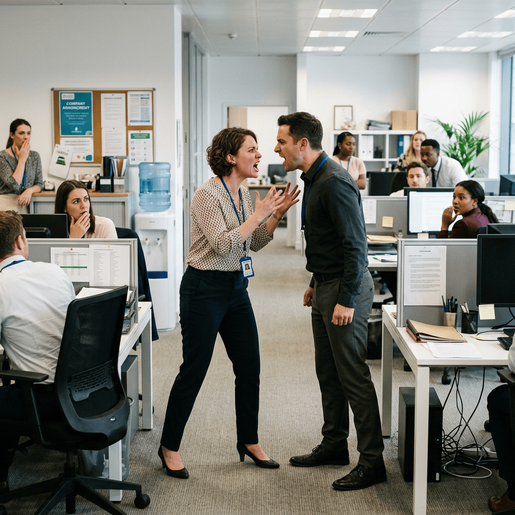 Two coworkers arguing in a busy open-plan office