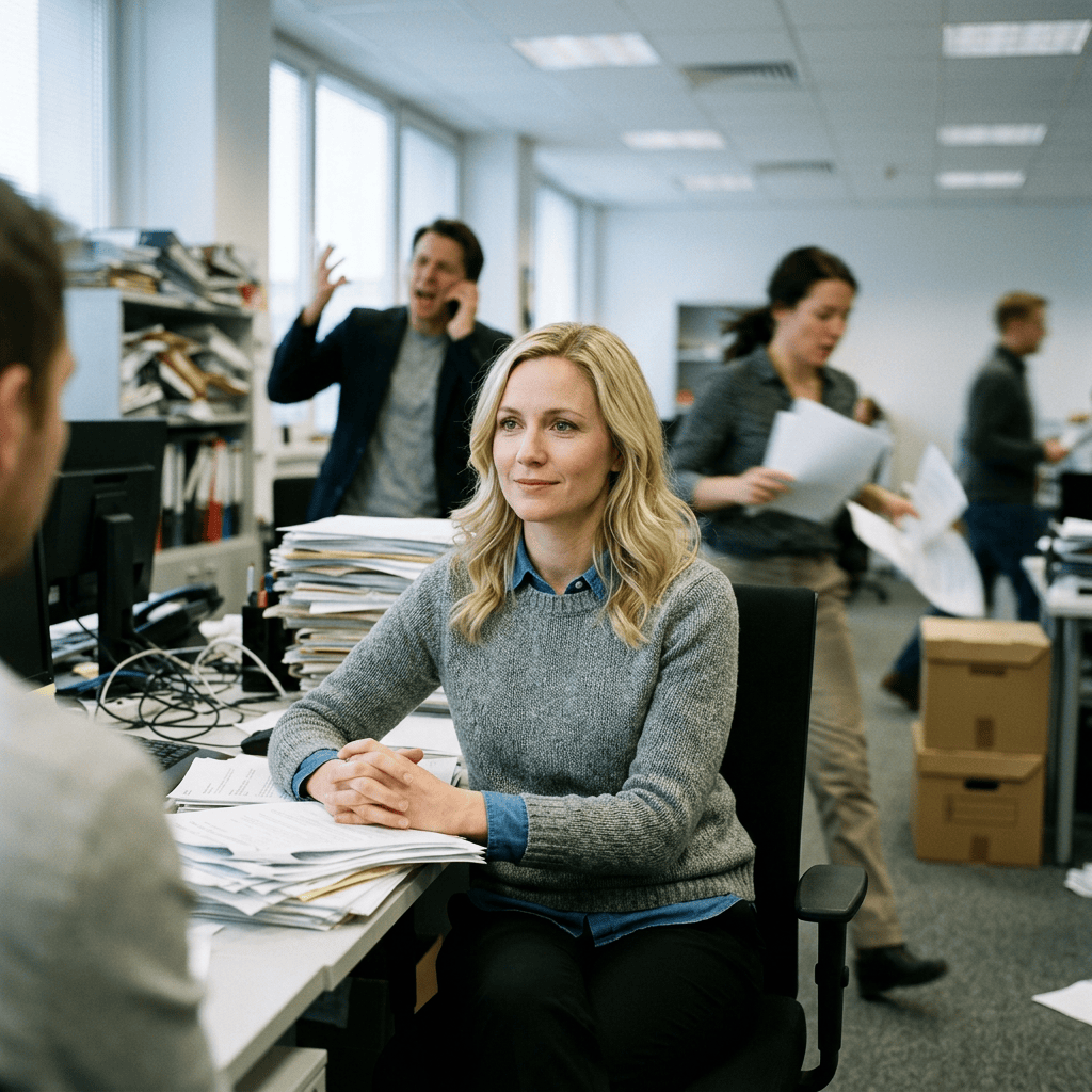 Woman listening at a desk while colleagues work in a busy office