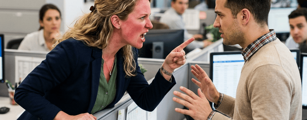 Coworkers arguing beside office cubicles while other employees work nearby