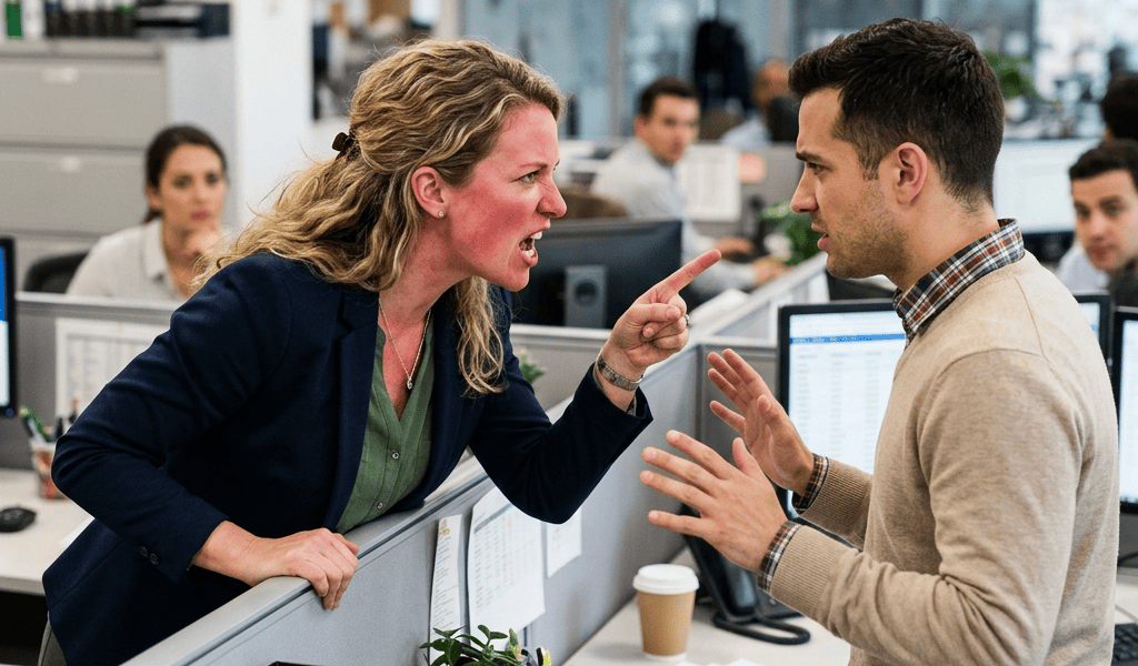 Coworkers arguing beside office cubicles while other employees work nearby