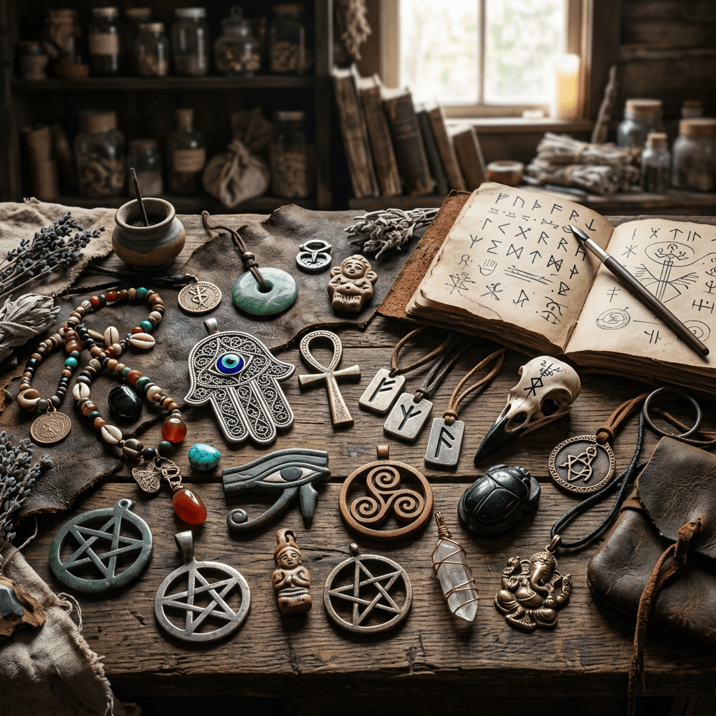 Mystical talismans, ritual objects, herbs, and rune-filled journal on a wooden table