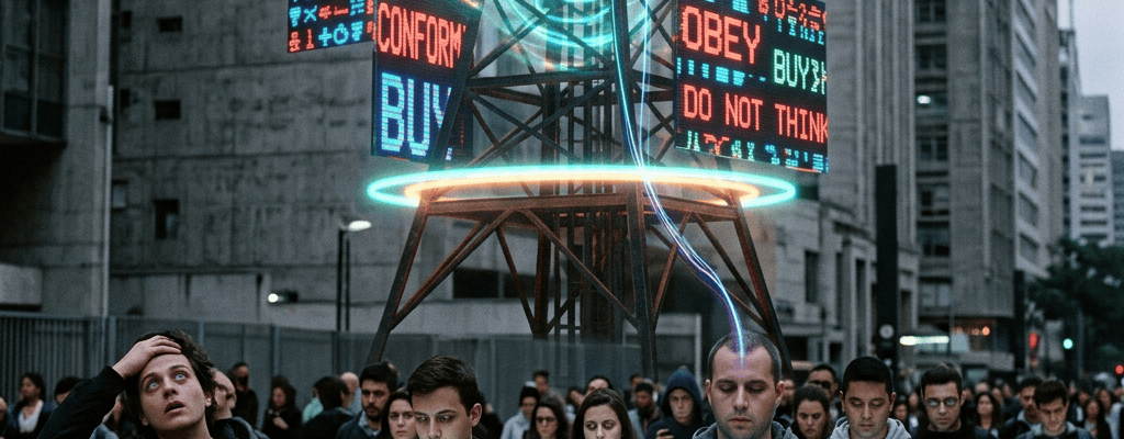 Crowd using smartphones beneath signs reading BELIEVE, CONFORM, BUY, OBEY, and DO NOT THINK