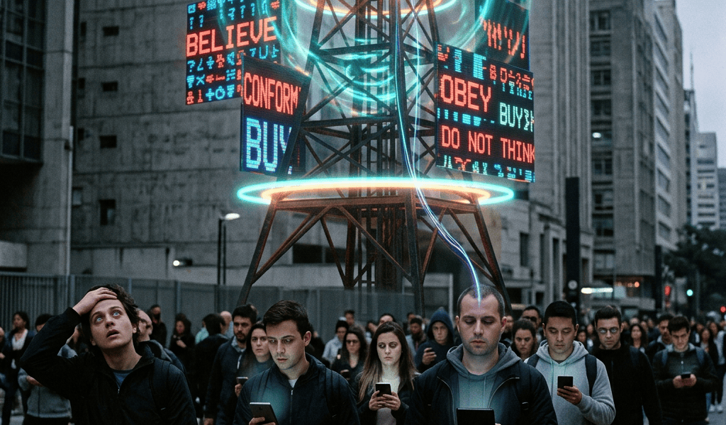 Crowd using smartphones beneath signs reading BELIEVE, CONFORM, BUY, OBEY, and DO NOT THINK