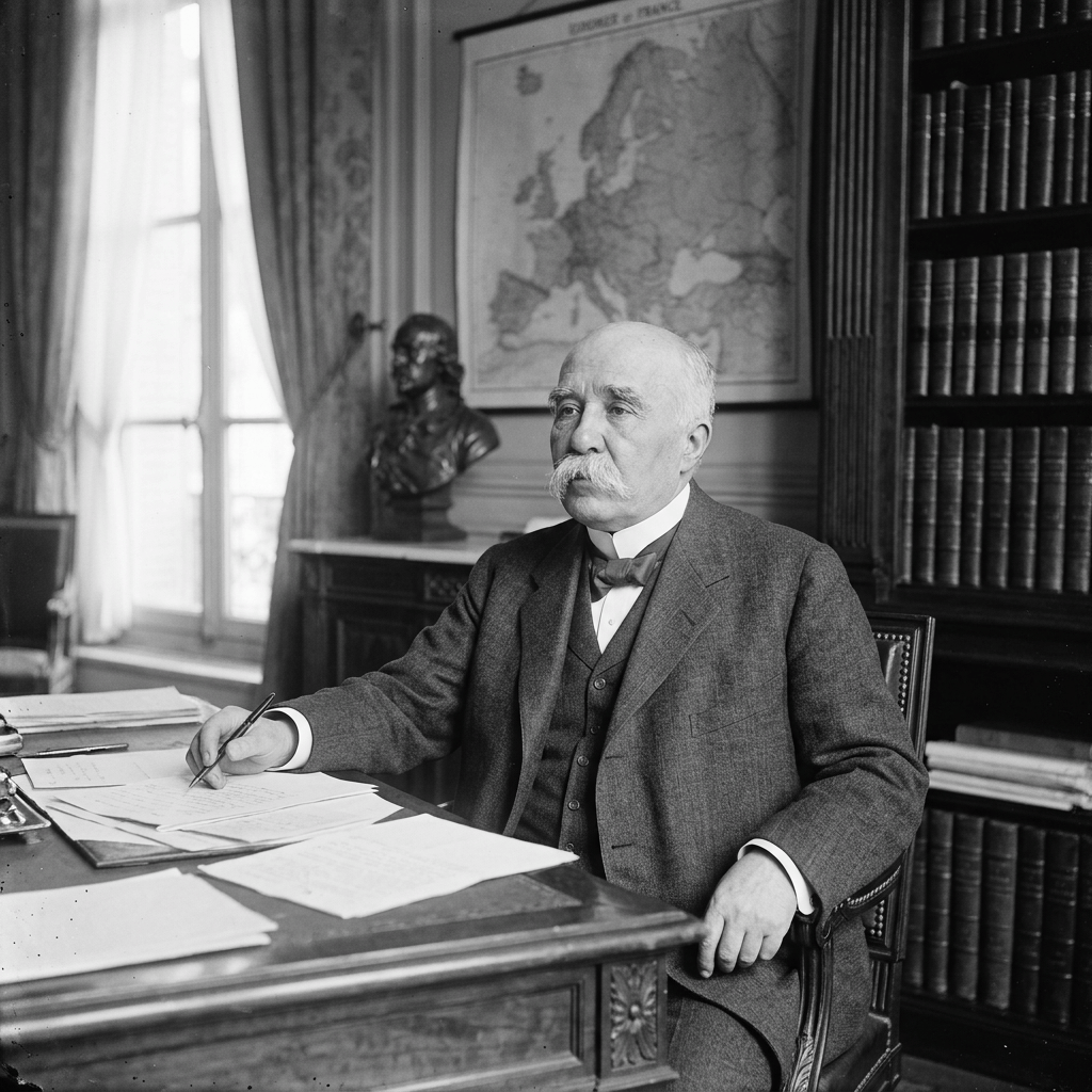 Mustached statesman writing at a desk in a library study