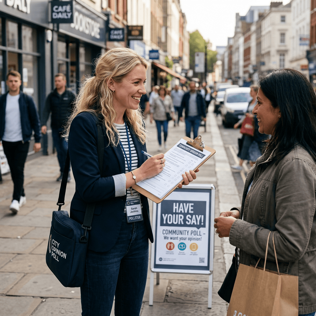Pollster surveys woman beside “HAVE YOUR SAY!” community poll sign