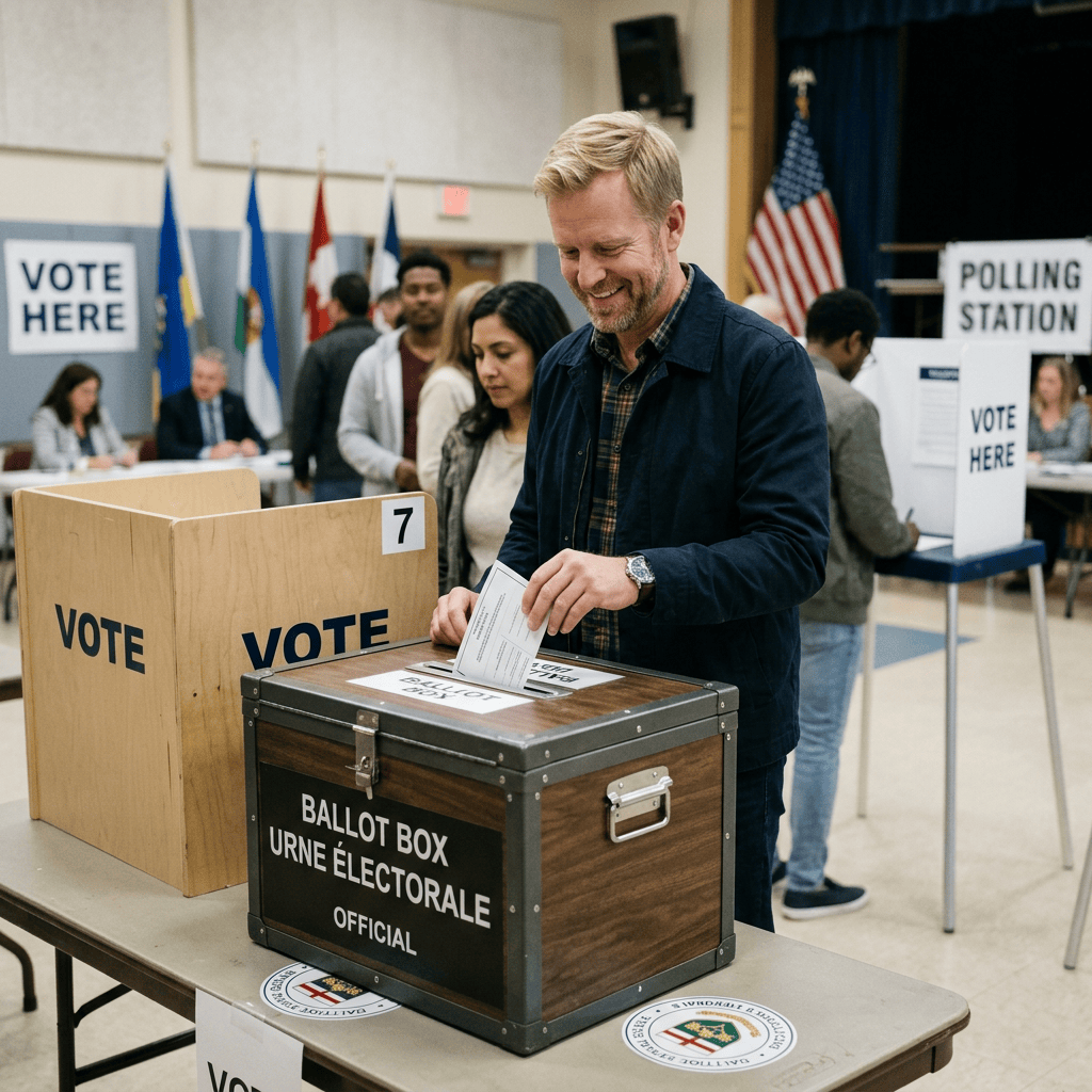 Voter placing a ballot into an official ballot box at a polling station