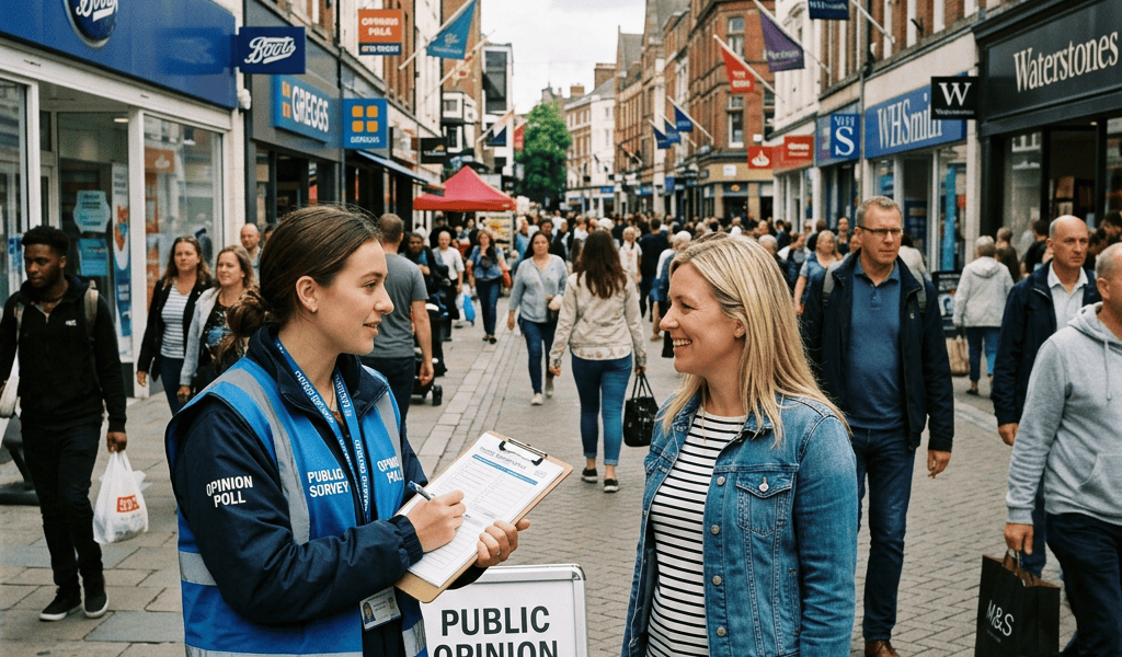 Survey worker interviewing a shopper beside a public opinion poll sign