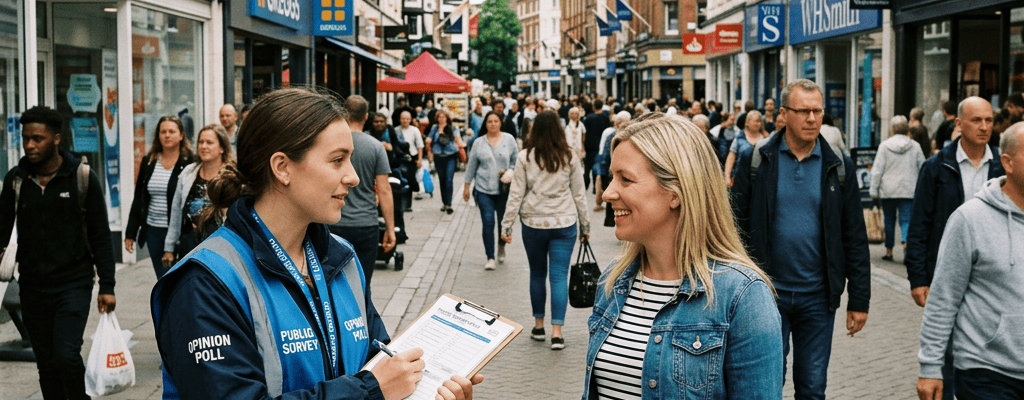 Survey worker interviewing a shopper beside a public opinion poll sign