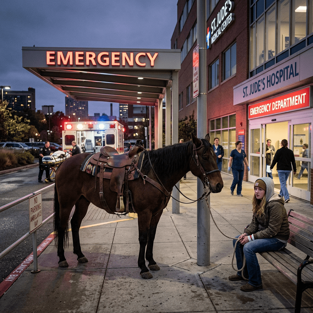 Saddled horse outside St. Jude’s Hospital emergency department under an Emergency sign