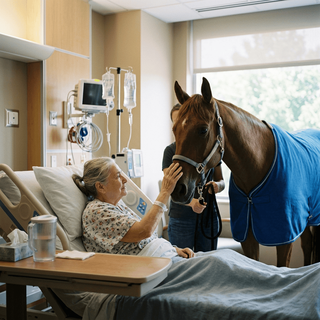 Hospital patient gently touches a therapy horse wearing a blue blanket