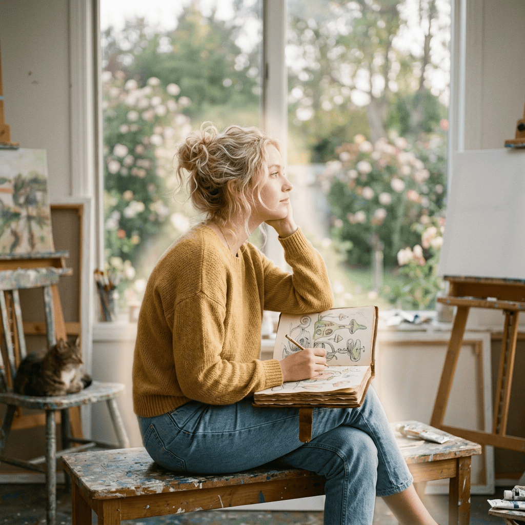 Artist sketching in a notebook beside studio windows overlooking a garden