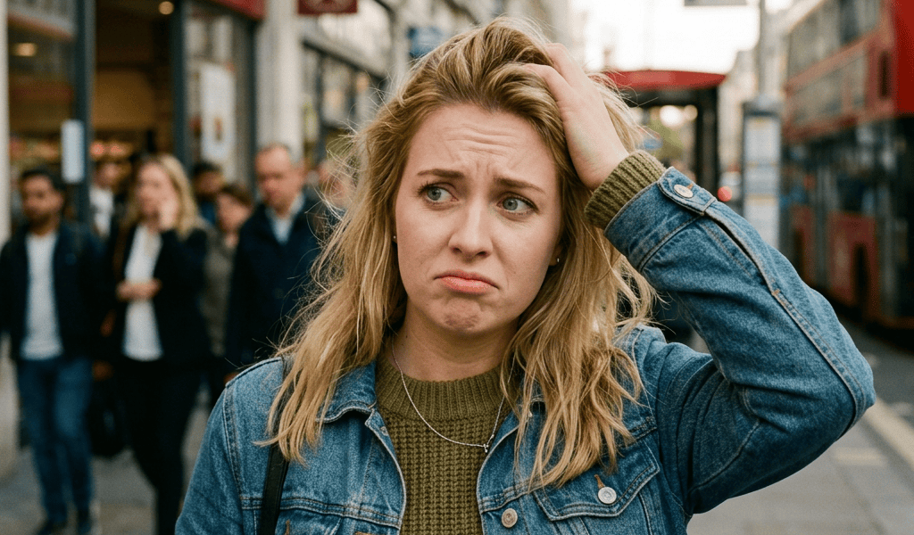 Worried woman holding coffee and phone on a busy London street