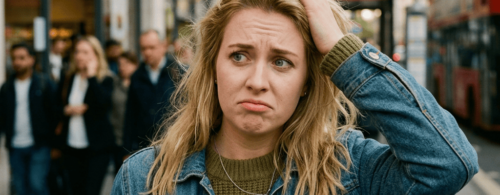 Worried woman holding coffee and phone on a busy London street