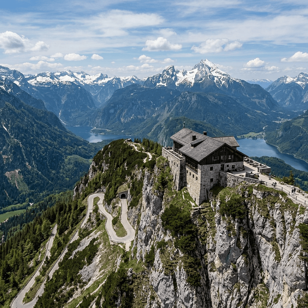 Mountain lodge perched above alpine lakes and snow-capped peaks