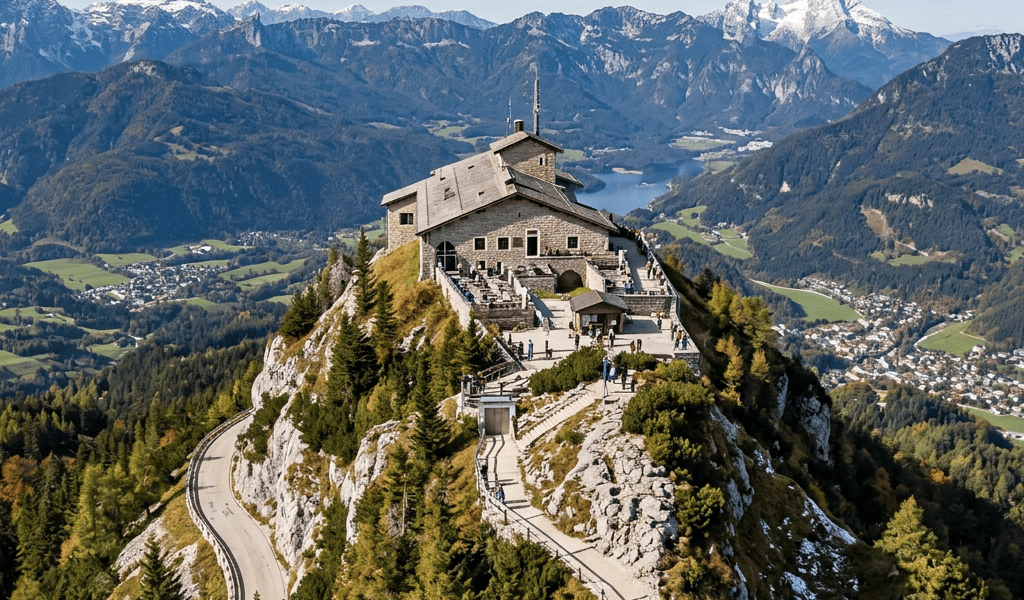 Historic building on a rocky alpine summit overlooking a lake and snow-capped mountains