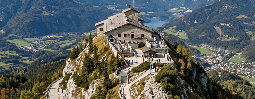 Historic building on a rocky alpine summit overlooking a lake and snow-capped mountains