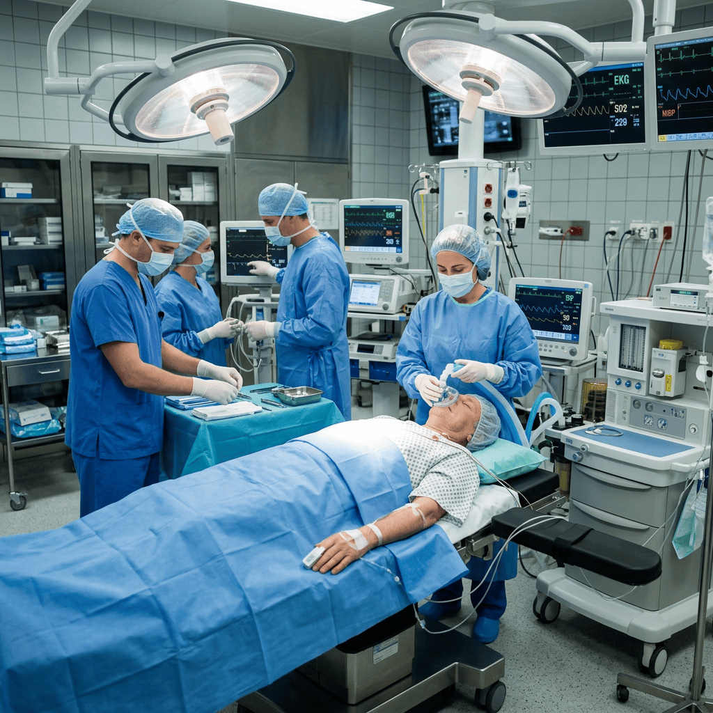 Surgical team attending to a patient in a modern operating room