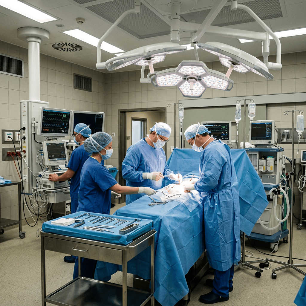 Four masked surgeons performing a procedure in a modern operating room