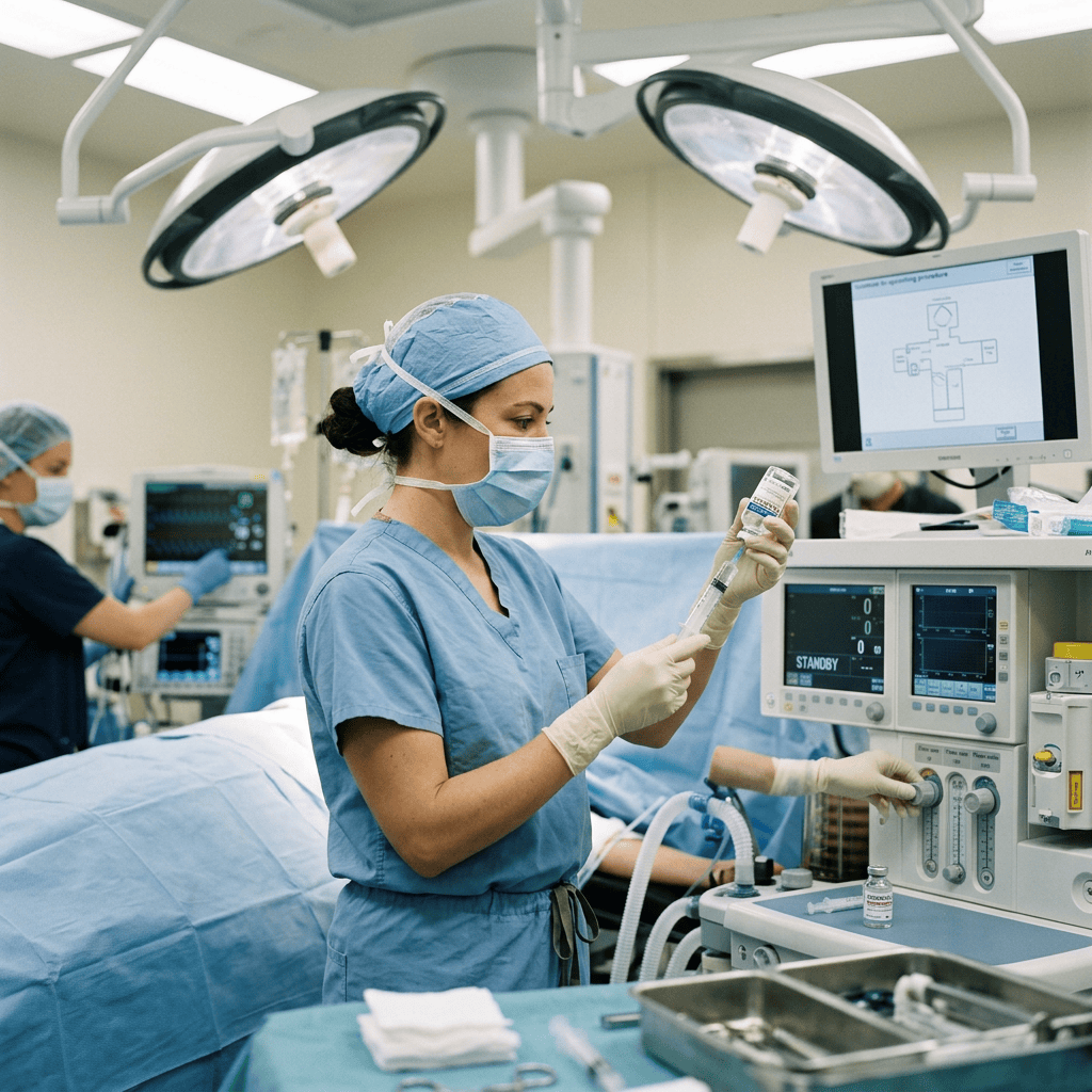 Masked surgical professional preparing medication beside operating room equipment