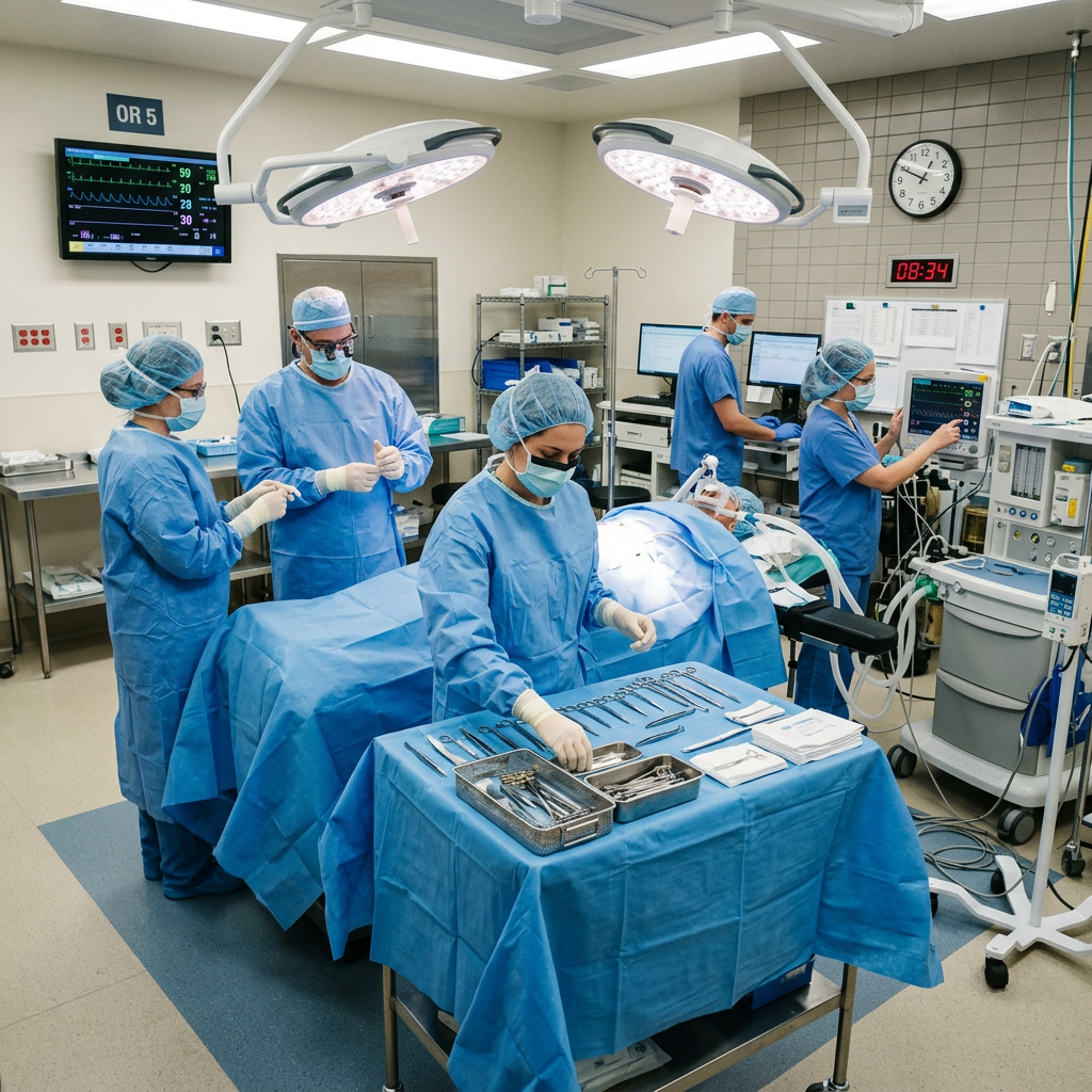 Surgical team preparing an operating room with instruments and patient monitors