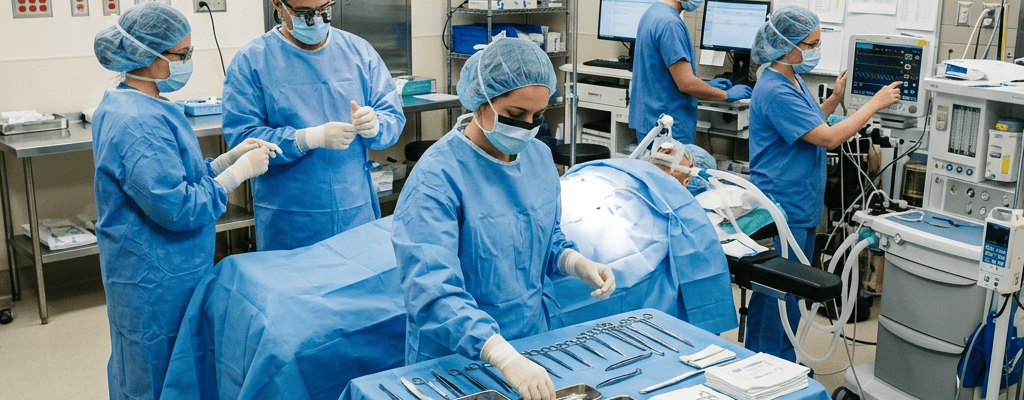 Surgical team preparing an operating room with instruments and patient monitors