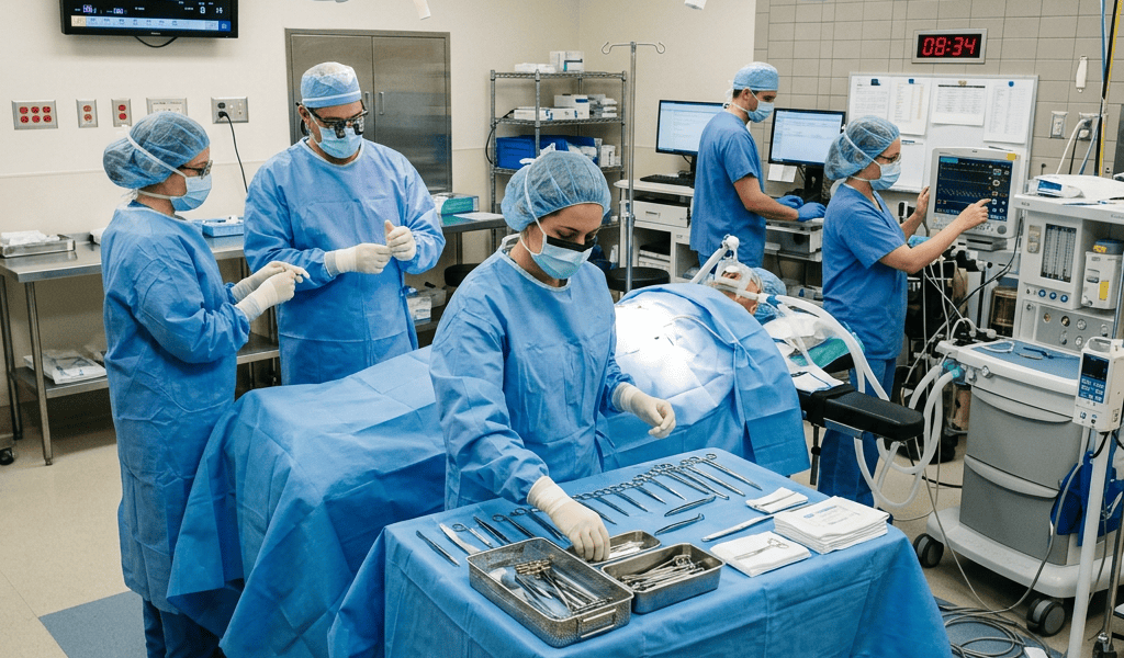 Surgical team preparing an operating room with instruments and patient monitors
