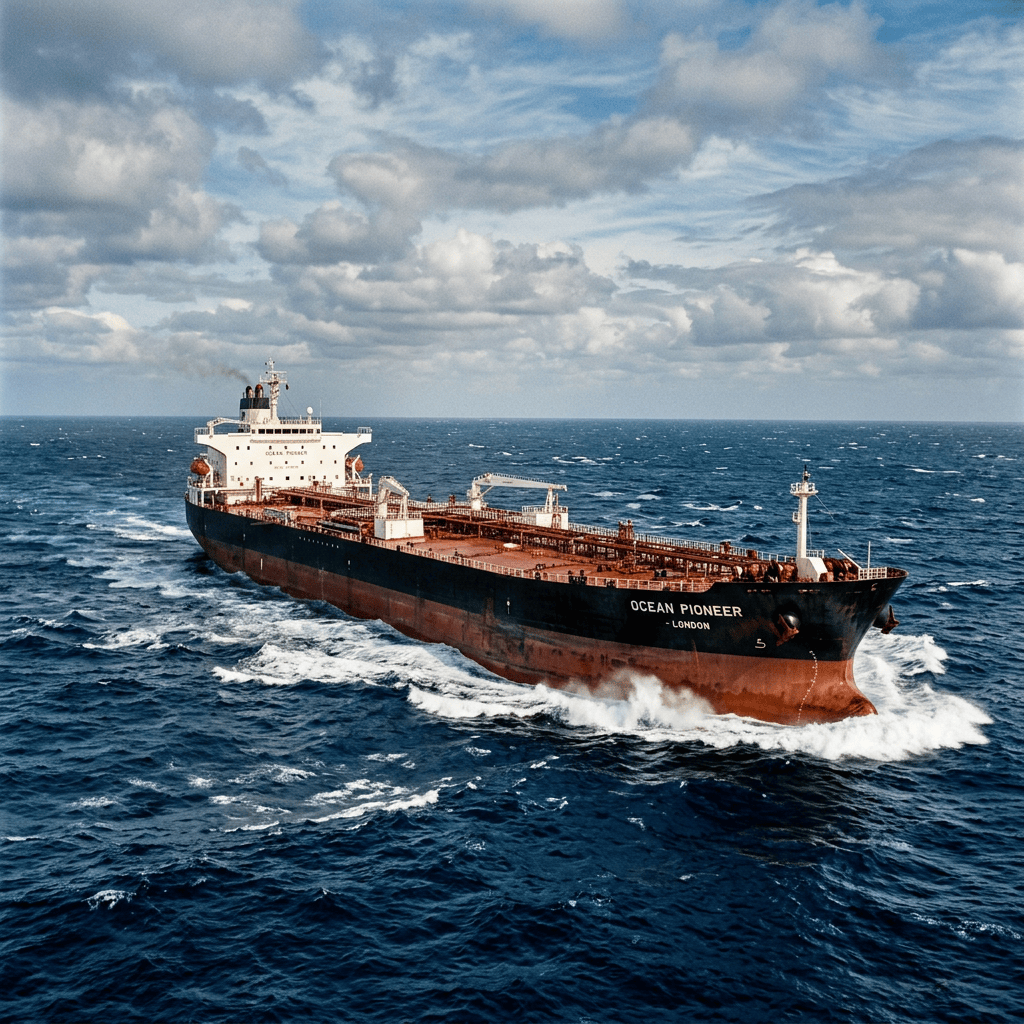 Ocean Pioneer cargo ship sailing through rough open ocean