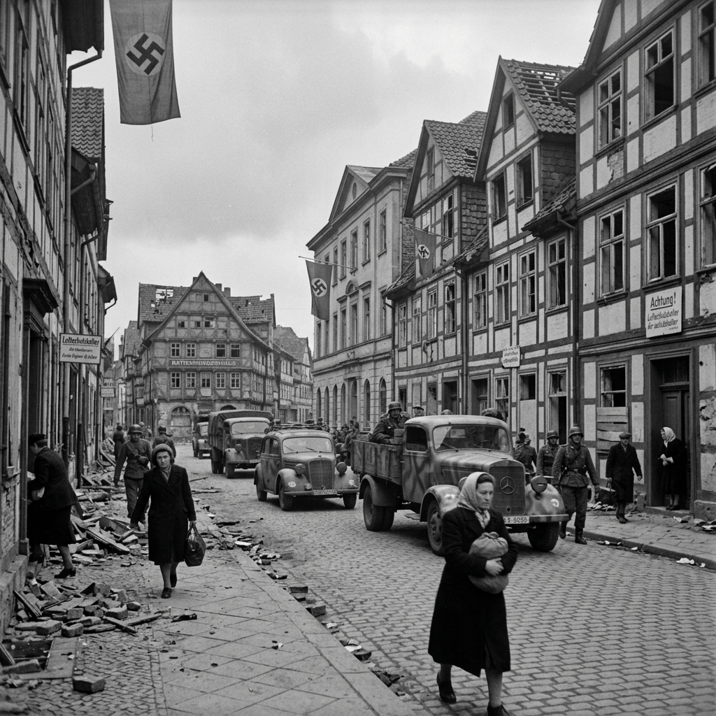 Wartime German street with Nazi flags, vehicles, civilians, and rubble