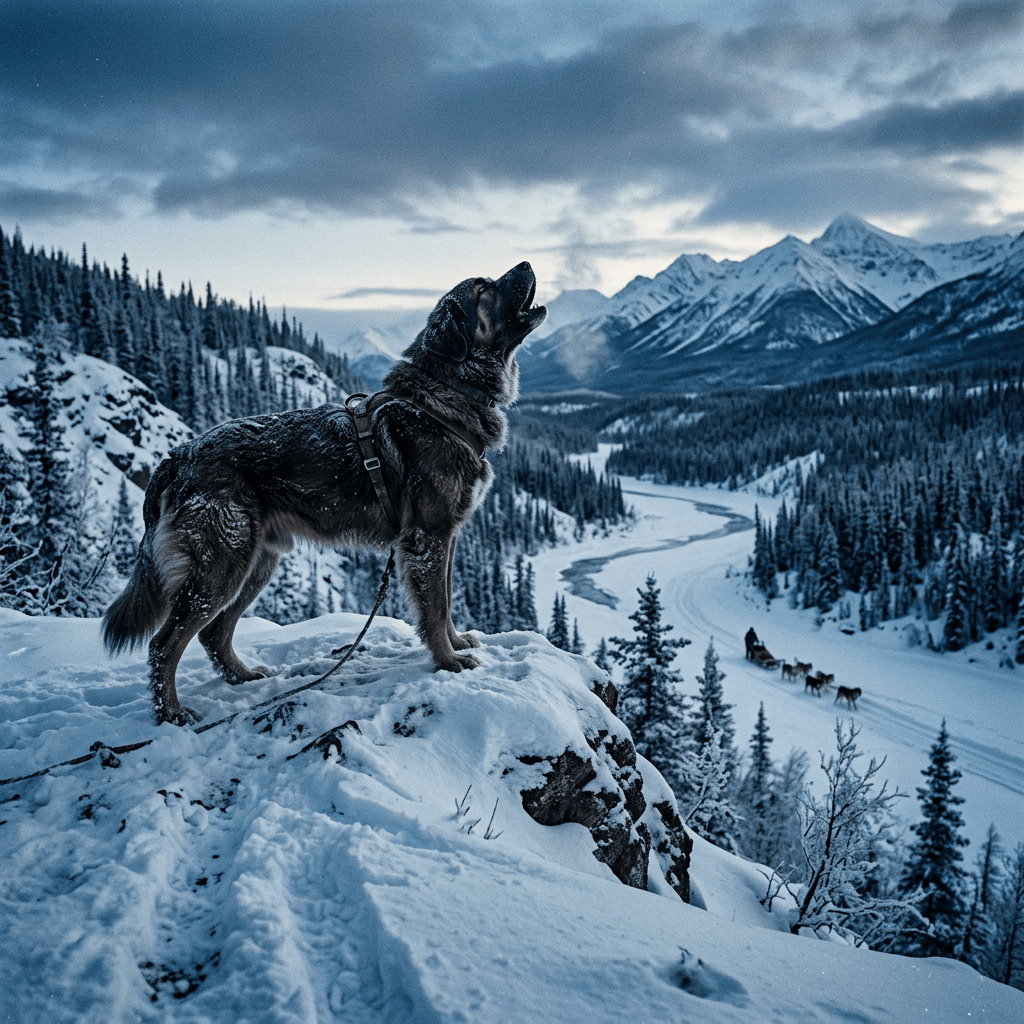 Harnessed dog standing on snowy ridge above a sled team