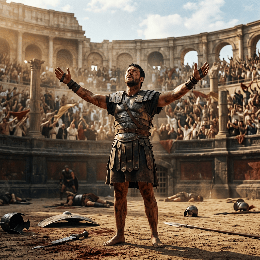 Battered gladiator raising his arms in a crowded ancient Roman arena