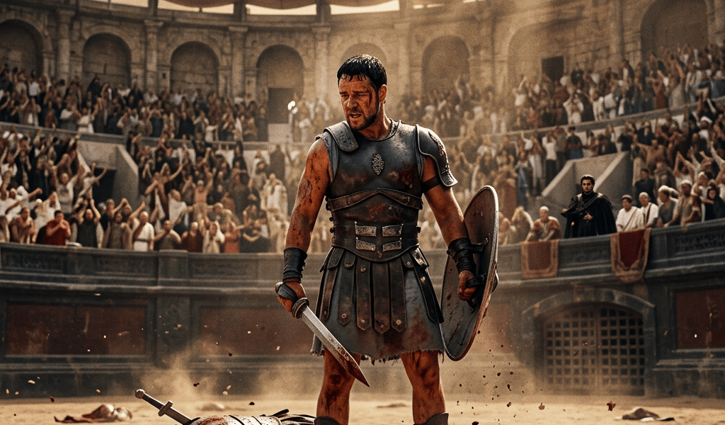 Gladiator holding sword and shield over fallen opponent in Roman arena