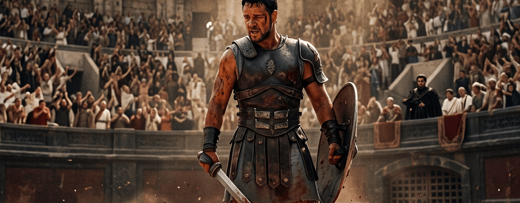 Gladiator holding sword and shield over fallen opponent in Roman arena