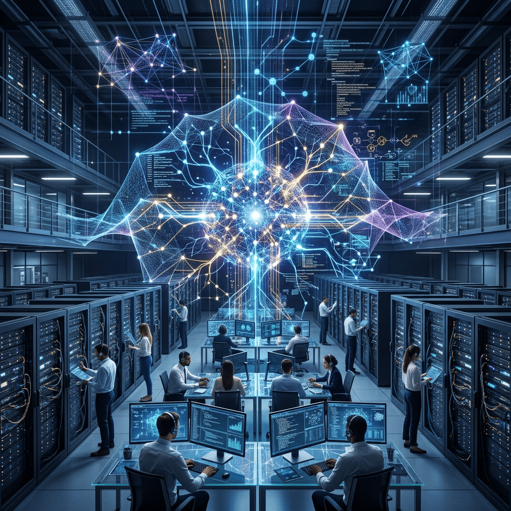 Technicians working among servers beneath a glowing interconnected AI network