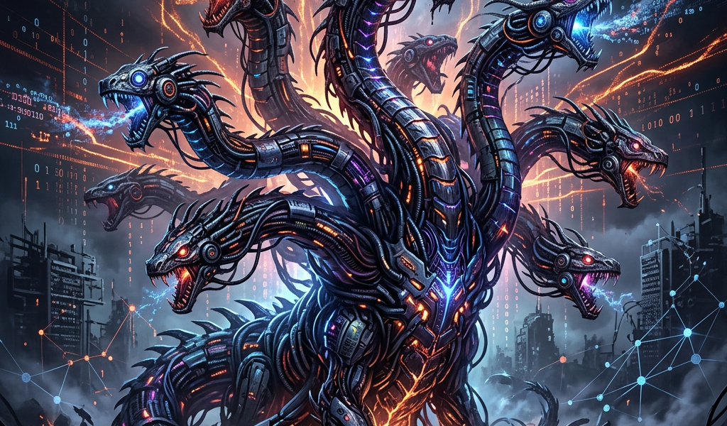 Multi-headed cybernetic hydra surrounded by glowing code, smoke, and electronic debris
