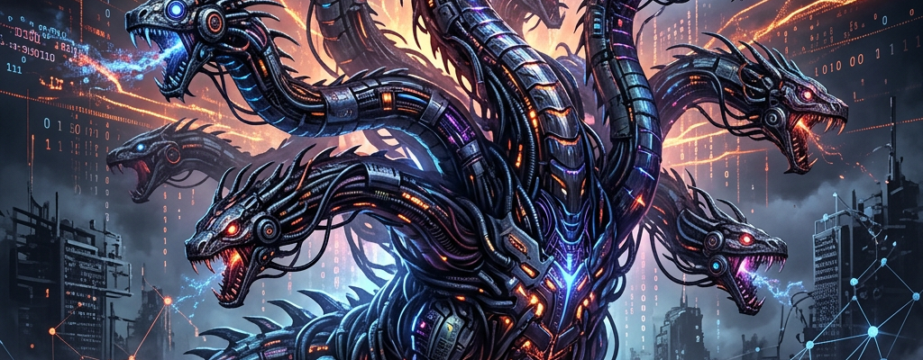 Multi-headed cybernetic hydra surrounded by glowing code, smoke, and electronic debris
