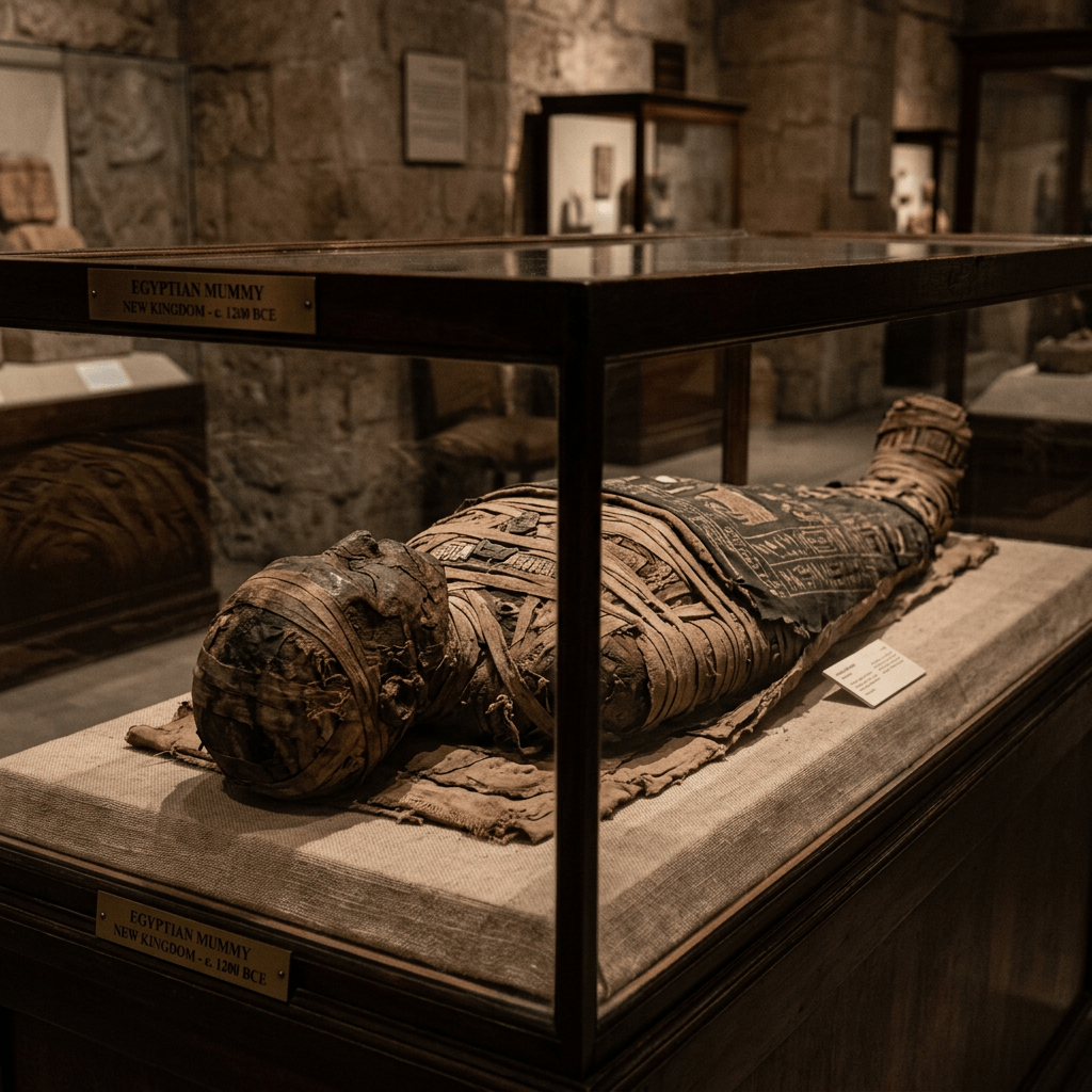 Mummified Egyptian body displayed in a glass museum case