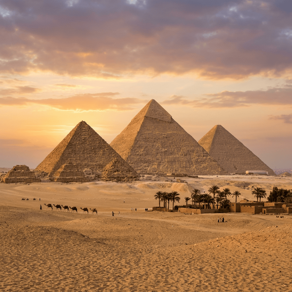 Three Giza pyramids in a desert landscape at sunset with camels