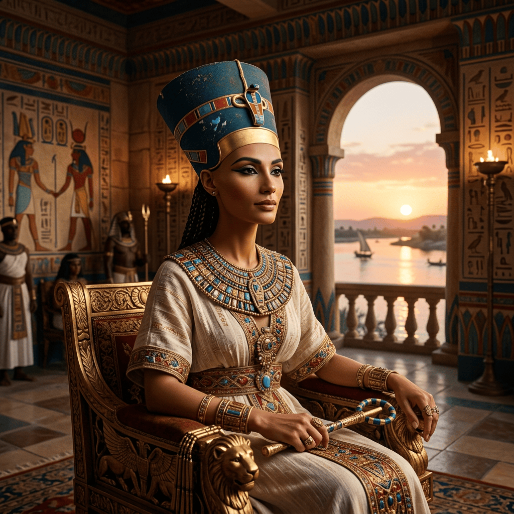 Regal Egyptian queen seated on a throne overlooking the Nile at sunset
