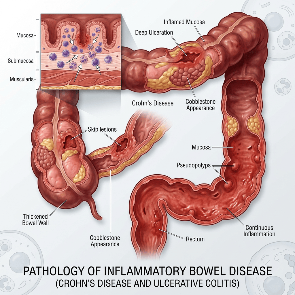 Pathology of inflammatory bowel disease: Crohn’s disease and ulcerative colitis, with labeled intestinal features